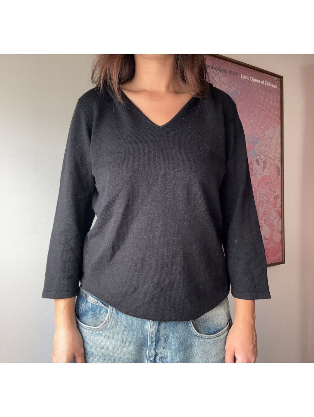 White + Warren Black Silk Cashmere Blend V-Neck Hoodie Sweater XL